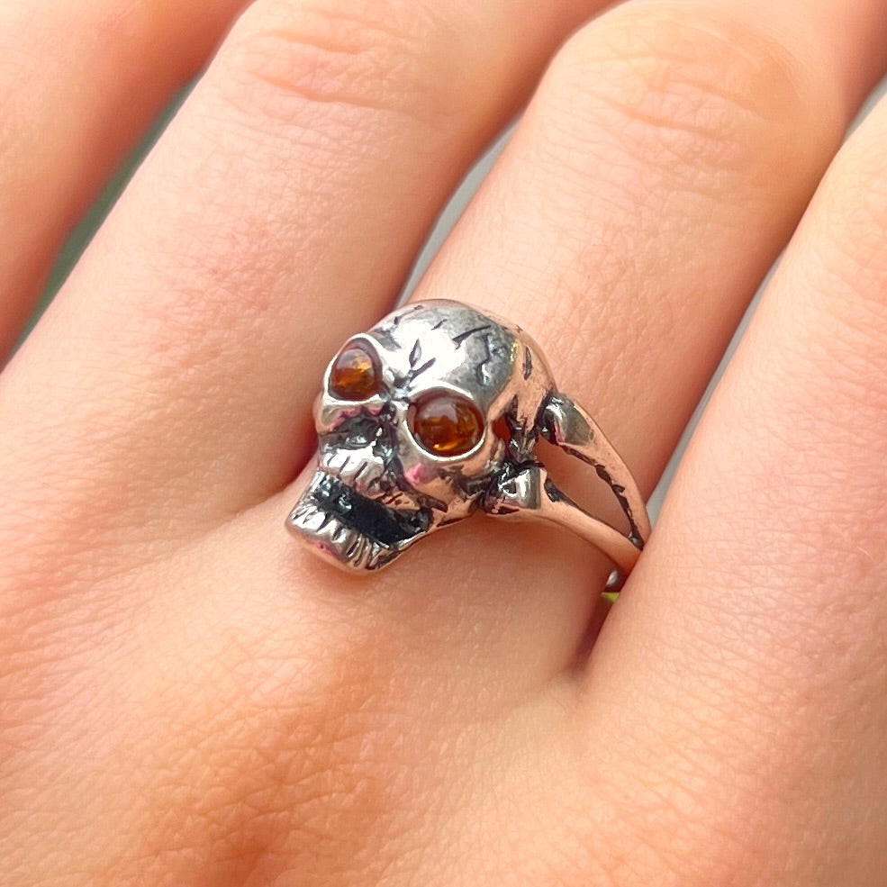 Orange Amber Sterling Silver 3D Skull Design Ring - Size Q