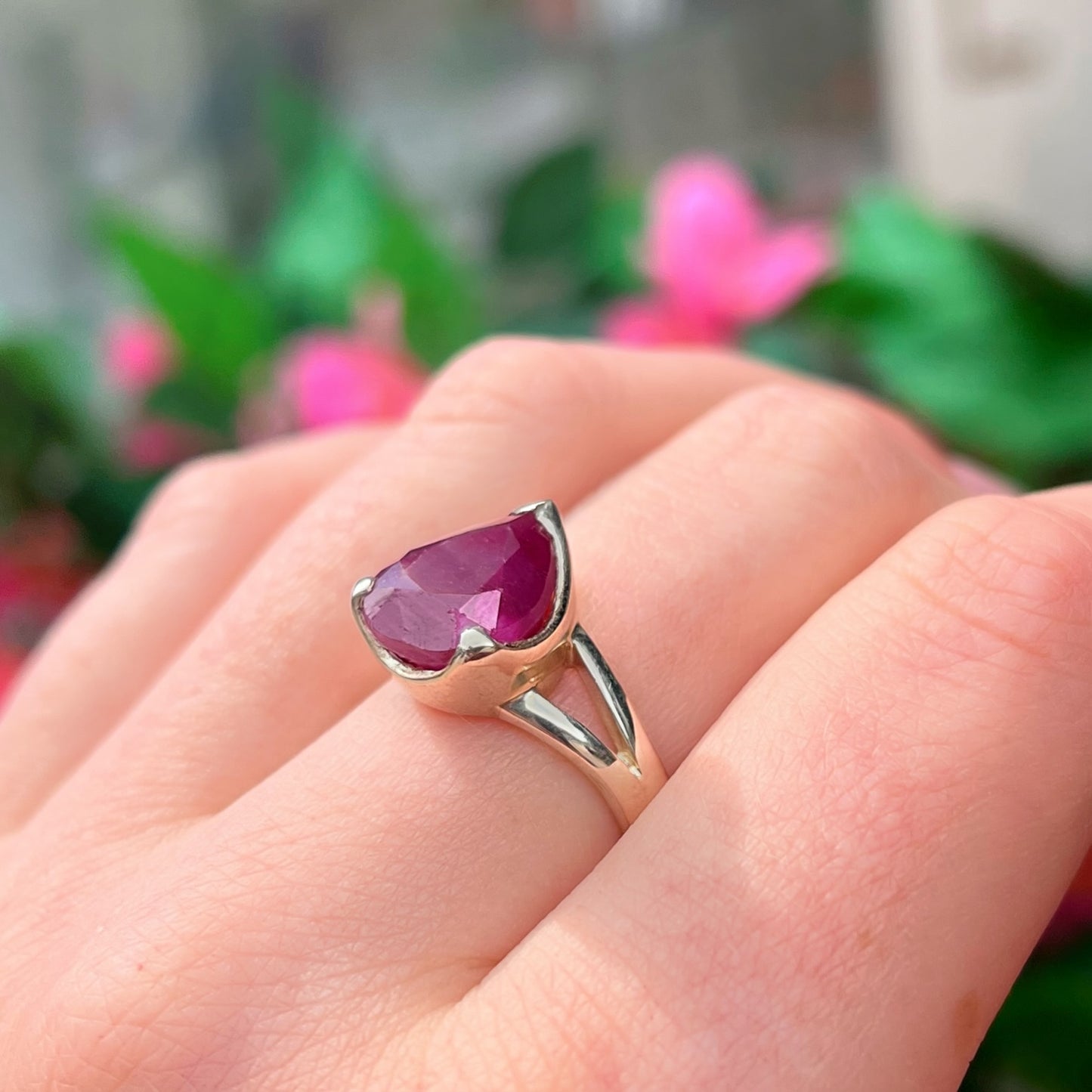 Chunky Sterling Pear-Cut Ruby Ring - Size P ½