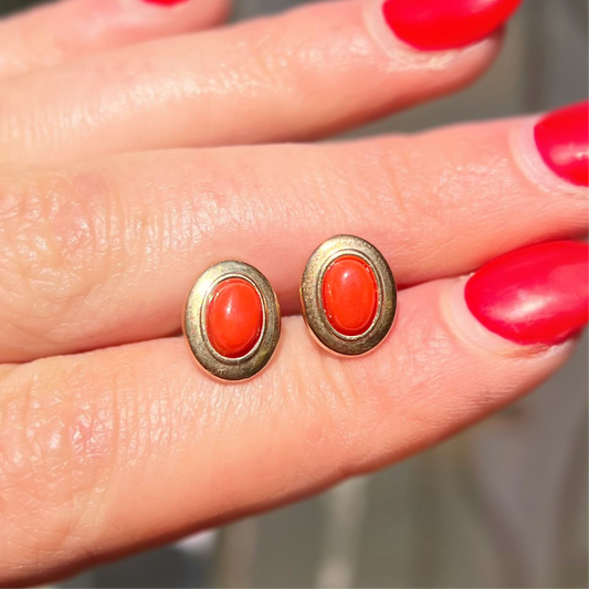 Rare 9ct Yellow Gold Oval Coral Stud Earrings
