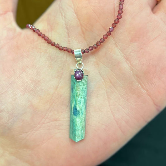 Unique Sterling Silver Green Kyanite and Ruby Pendant and a Garnet Beaded Necklace