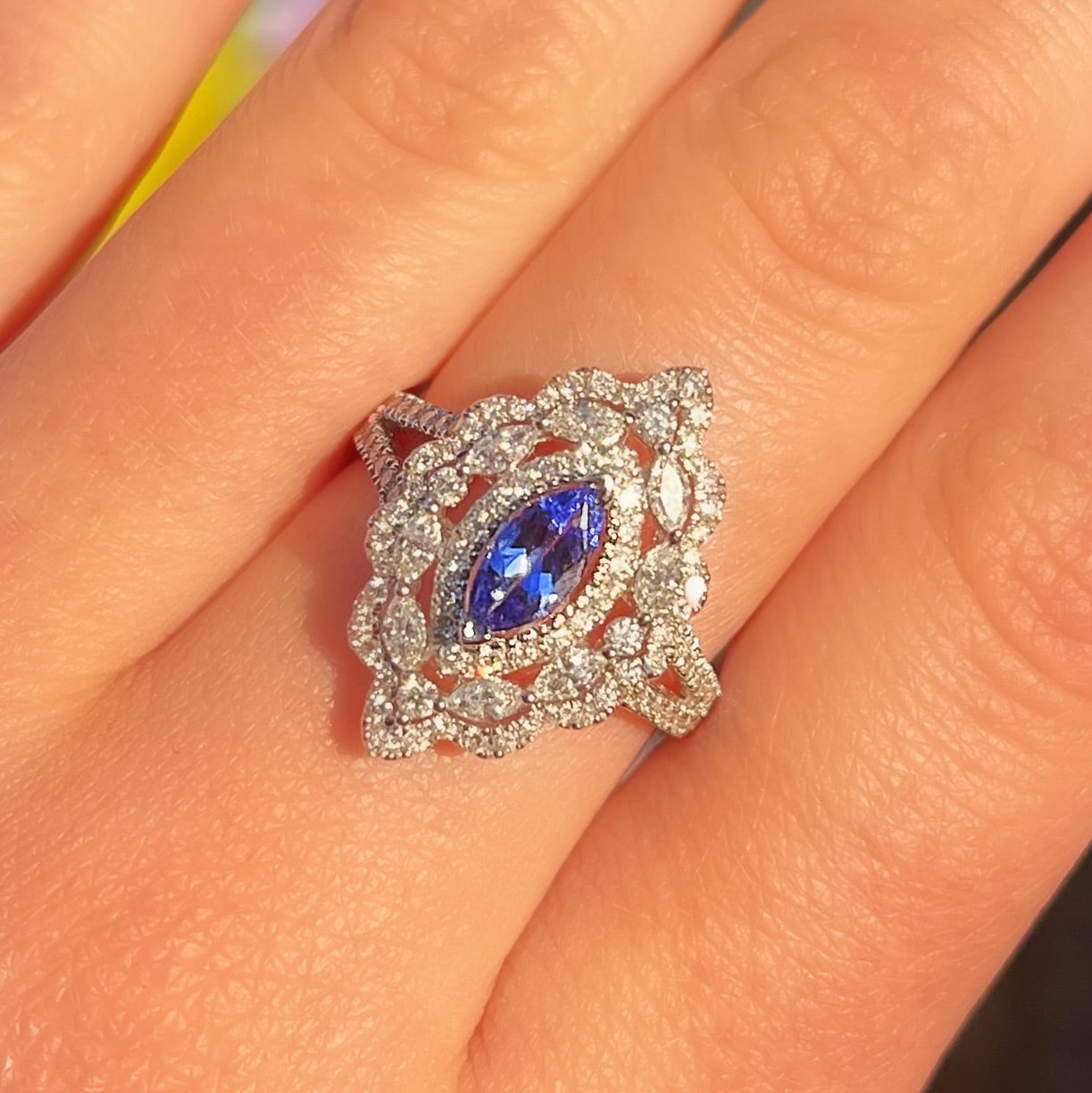 The 'Victoria' Ring - Sparkling 18ct White Gold Marquise Tanzanite and Diamond - Size O