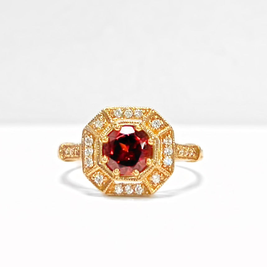 Art Deco Inspired Octagonal 9ct Yellow Gold Garnet and Diamond Ring - Size M ½