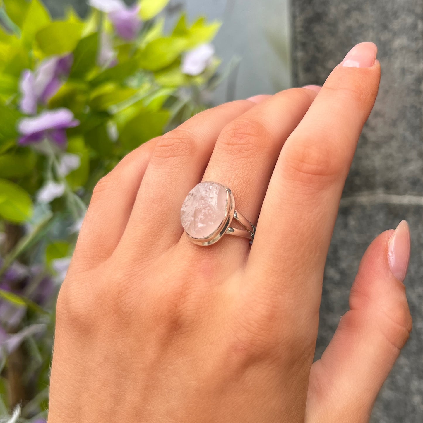 Sterling Silver Rough Oval Cut Pink Rose Quartz Ring - Size M