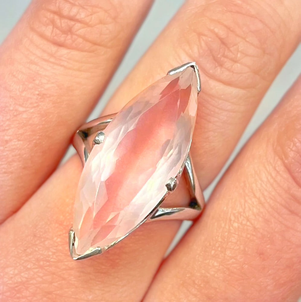 Pink Rose Quartz Sterling Silver Marquise Cut Ring - Size Q