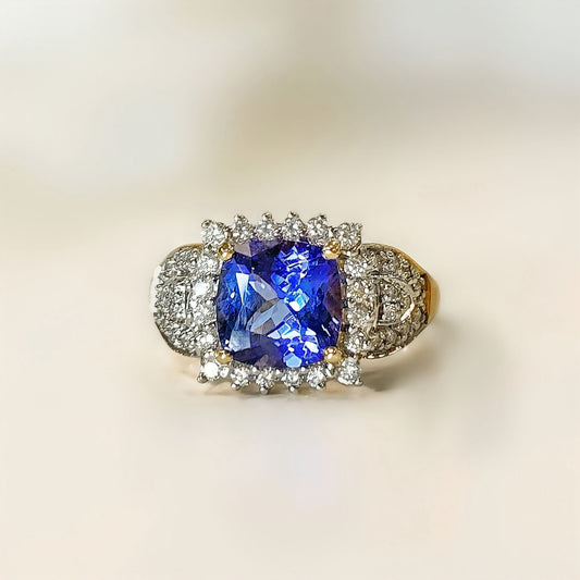 Chunky Vintage 18ct Yellow Gold Indigo Tanzanite and Diamond Cluster Ring - Size N