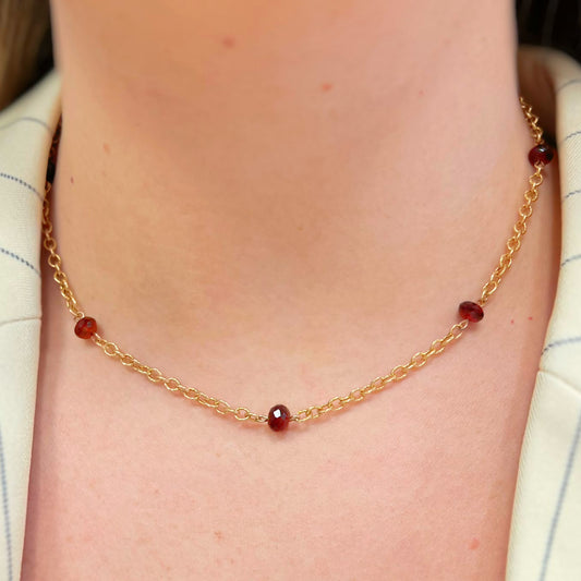 Handmade Vintage 9ct Yellow Gold Garnet Station Necklace