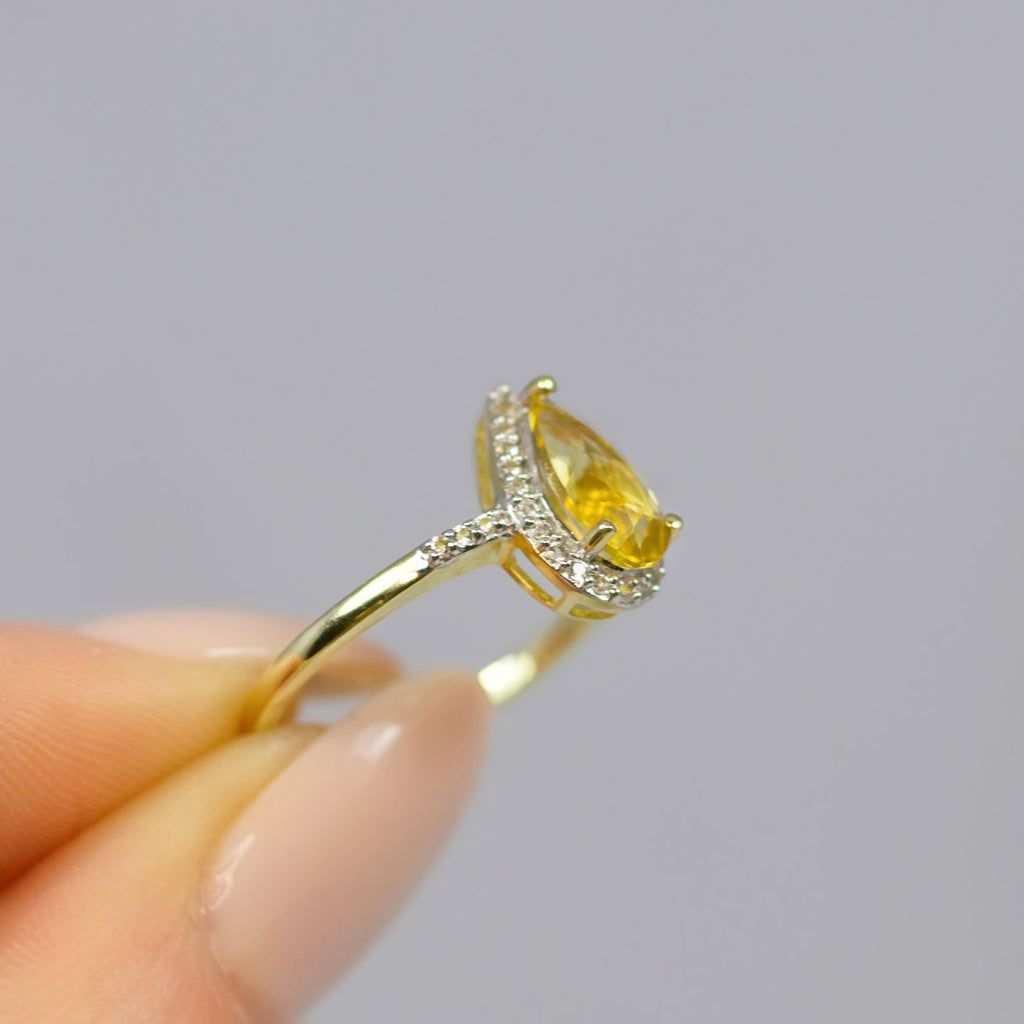 'The Belle' Citrine and Diamond 9ct Yellow Gold Pear Halo Ring | Size N