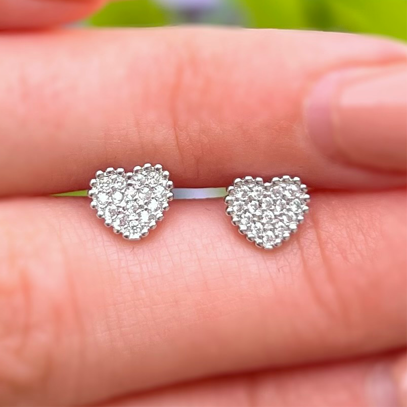 Sterling Silver Encrusted Cubic Zirconia Heart Stud Earrings