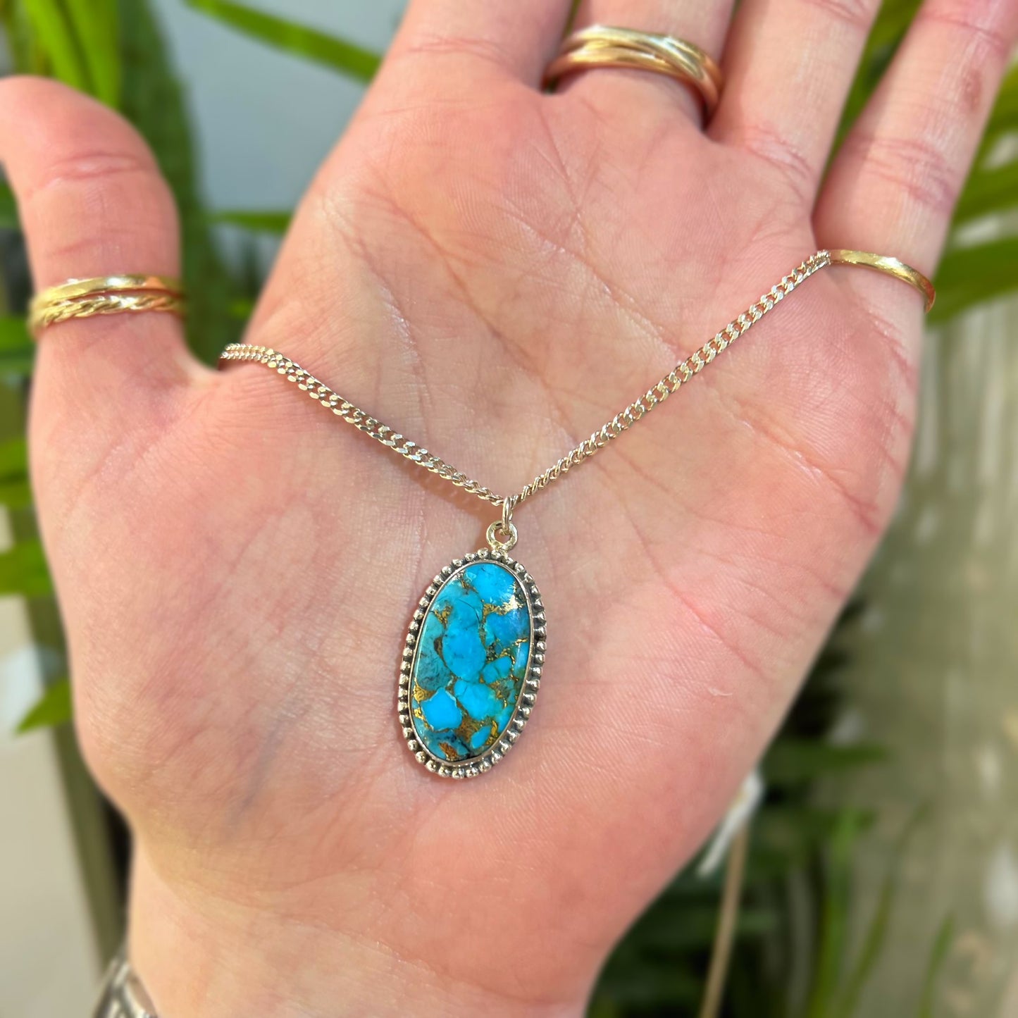 Sterling Silver Detailed Oval Turquoise Pendant