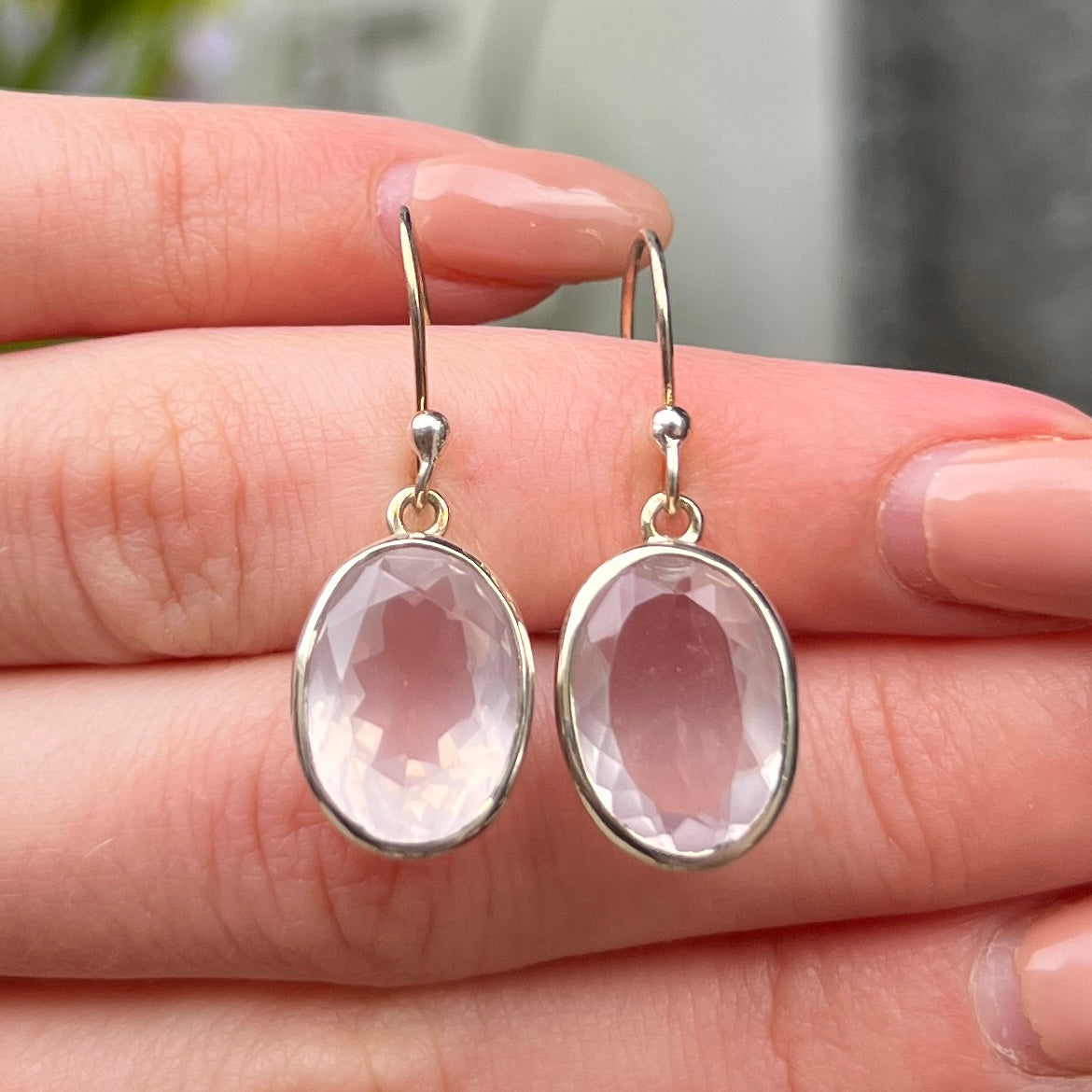 Sterling Silver Faceted Pink Rose Quartz Drop Earrings