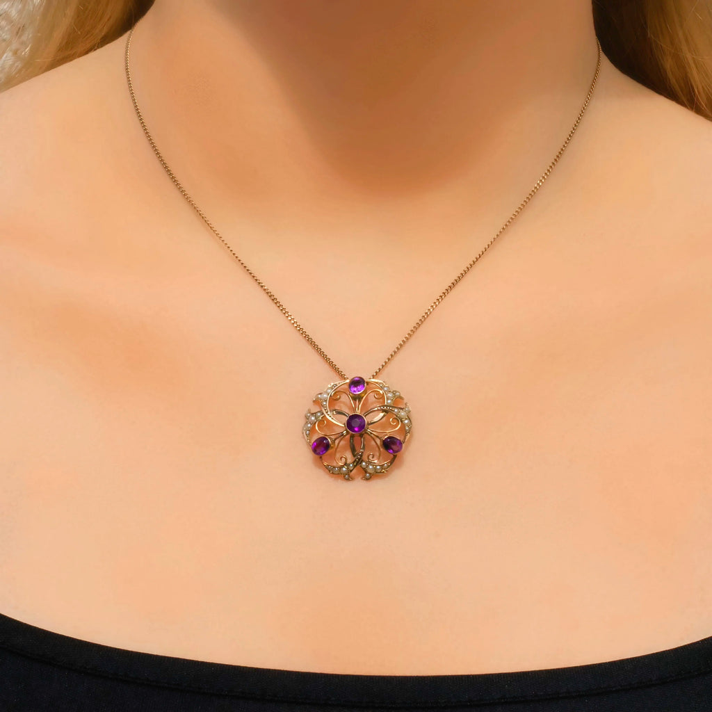 Antique Edwardian Amethyst and Seed Pearl 9ct Yellow Gold Necklace