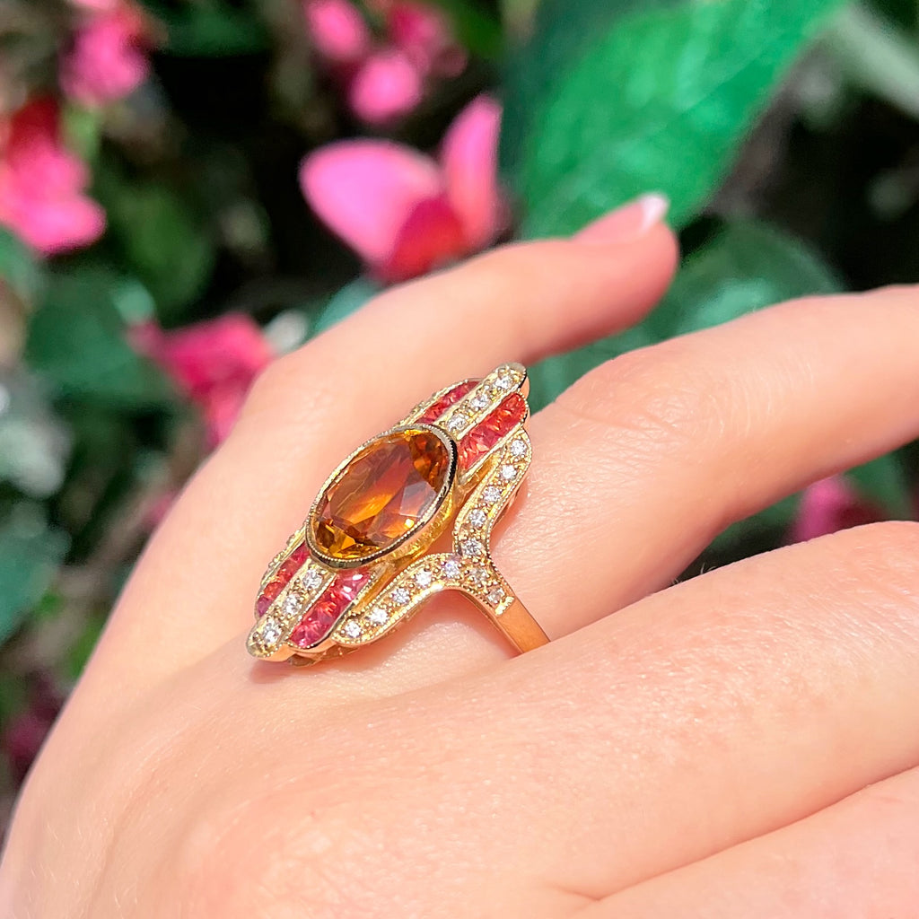 'The Soleil' Citrine, Orange Sapphire and Diamond 18ct Yellow Gold Cocktail Ring | Size M ½
