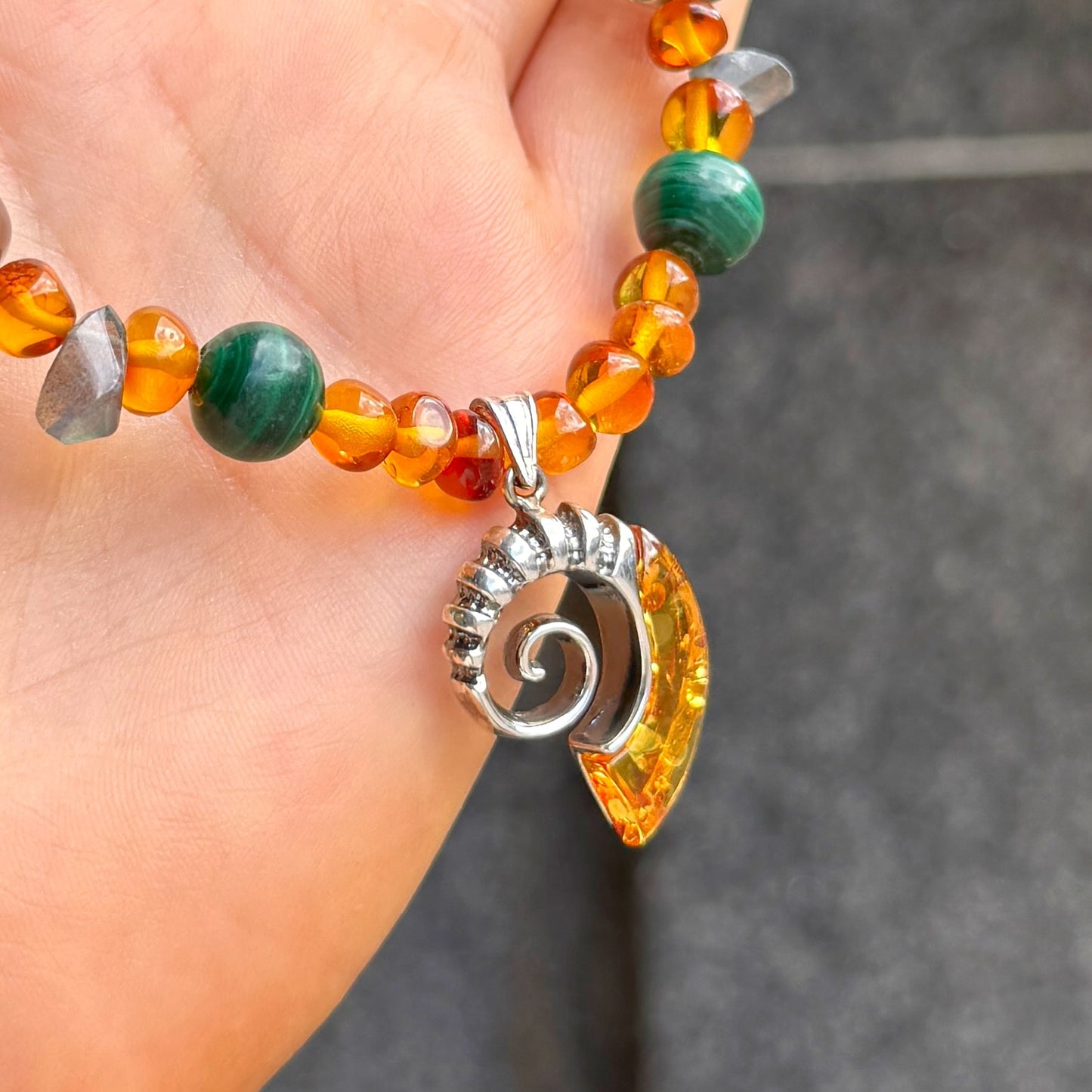 Orange Amber, Green Malachite, Dark Labradorite & Smoky Quartz Fossil Design Sterling Silver Beaded Necklace