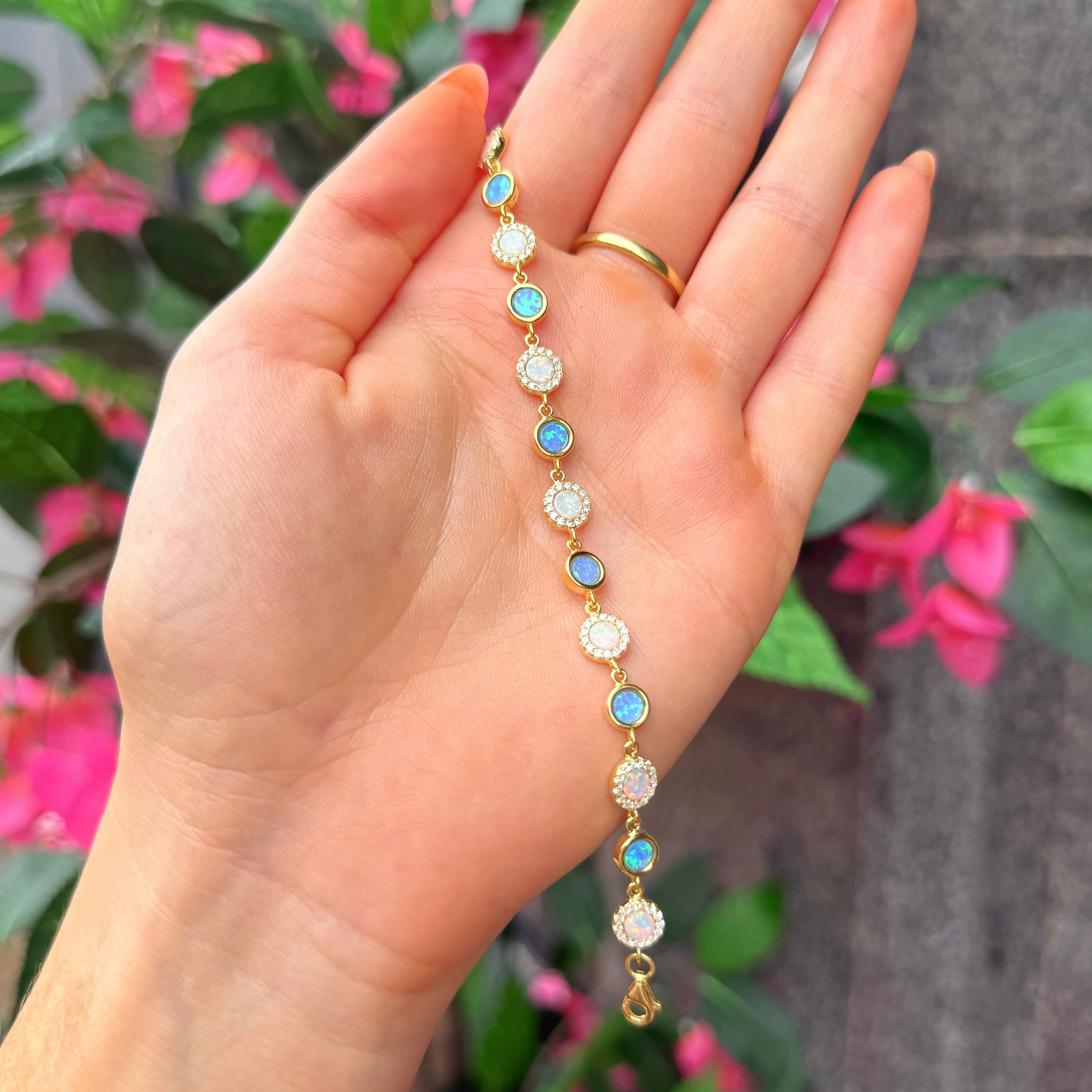 Blue & White Opal and Cubic Zirconia 9ct Yellow Gold Plated Bracelet