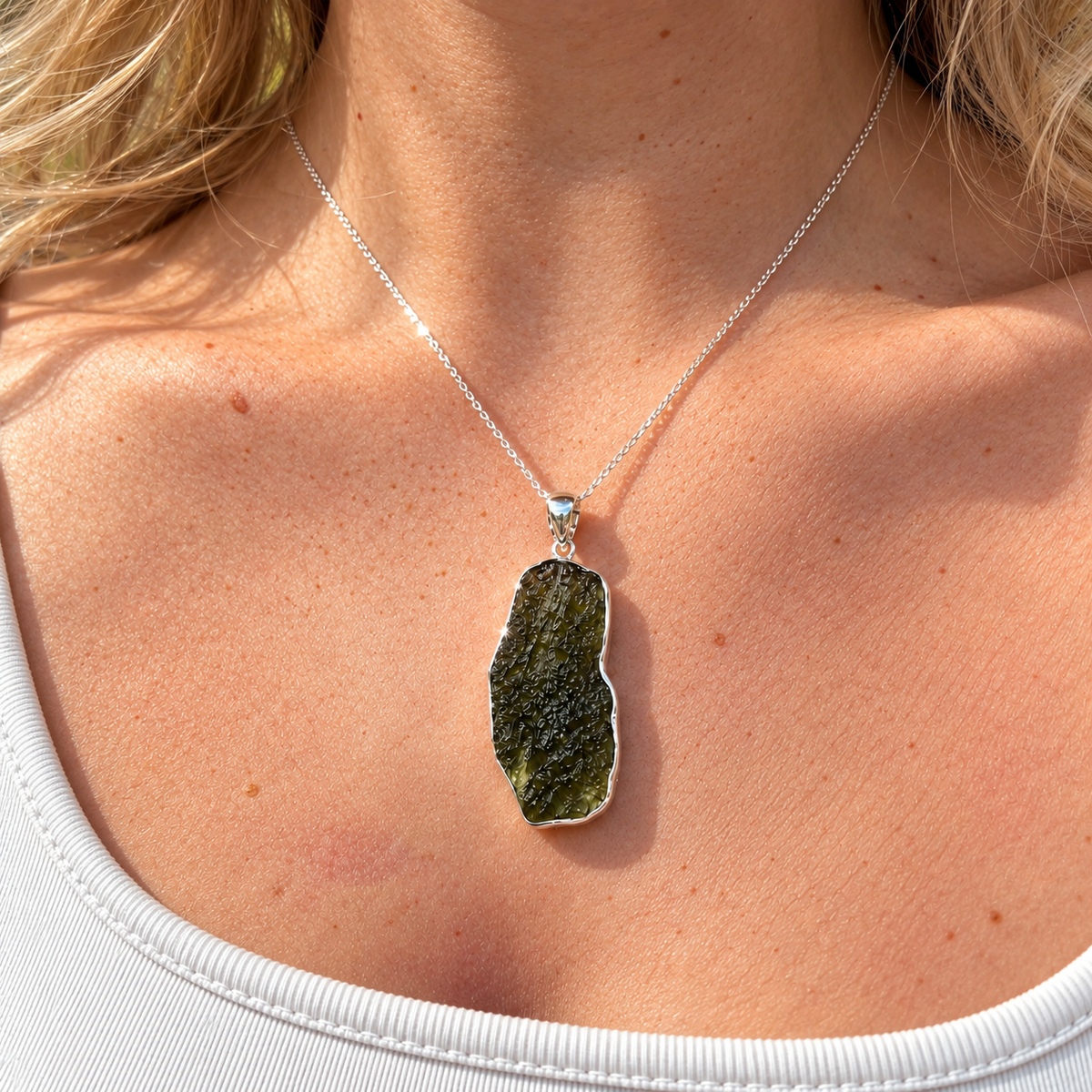 Rough Cut Green Moldavite Sterling Silver Pendant