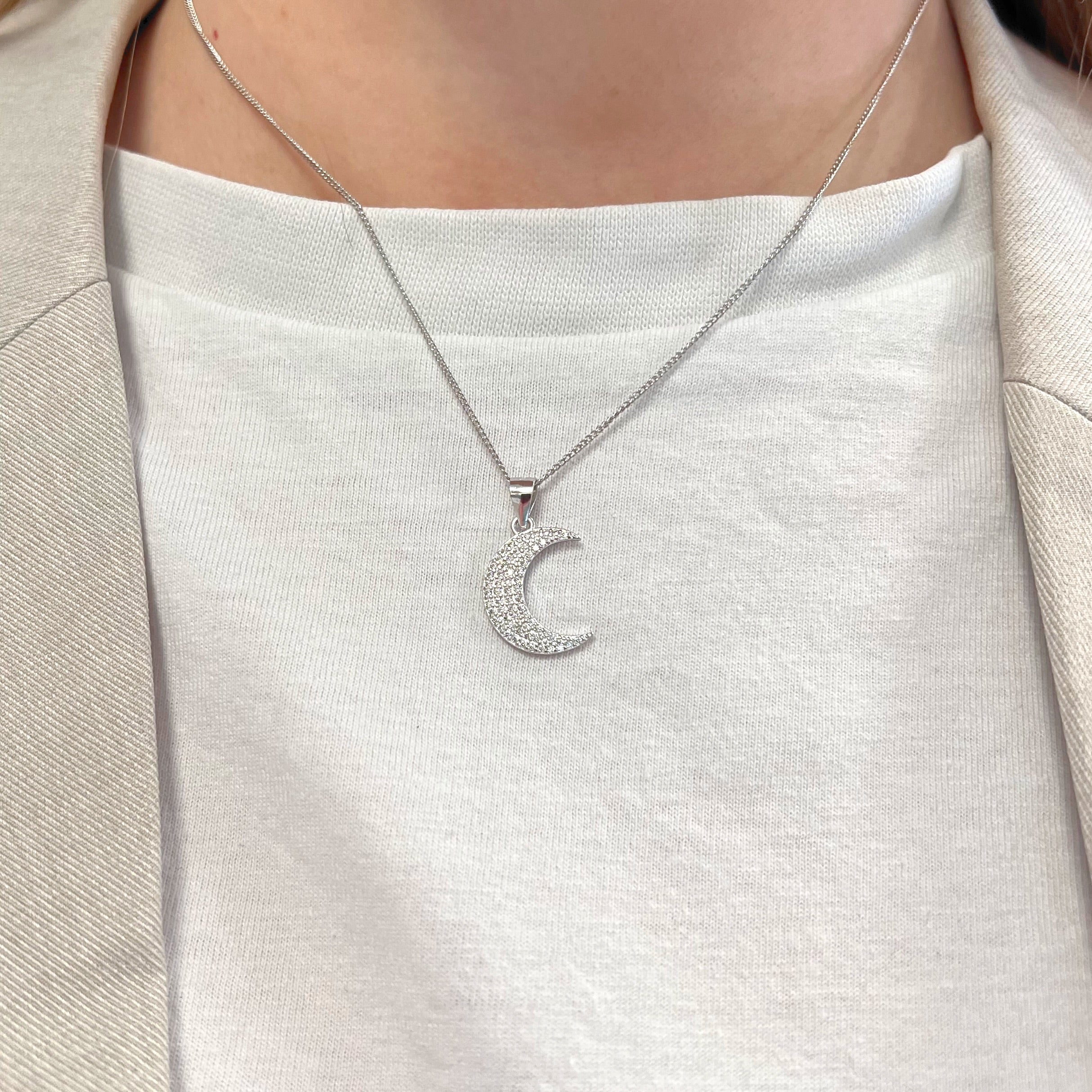 Cubic Zirconia Sterling Silver Moon Necklace