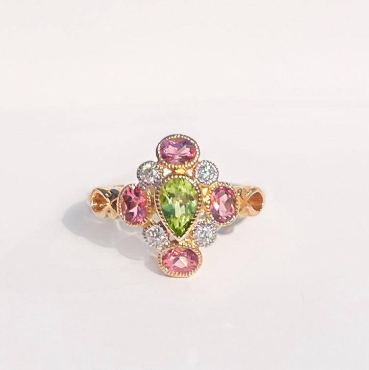 Victorian Reproduction Peridot, Pink Tourmaline and Diamond 9ct Yellow Gold Ring | Size N ½
