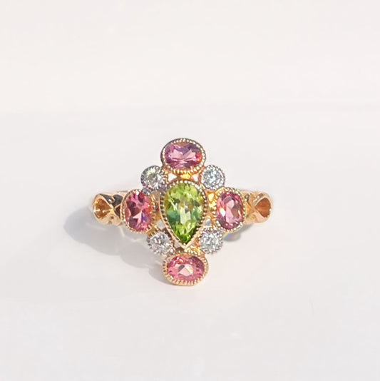 Victorian Reproduction 9ct Yellow Gold Peridot, Pink Tourmaline and Diamond Ring - Size N 1/2