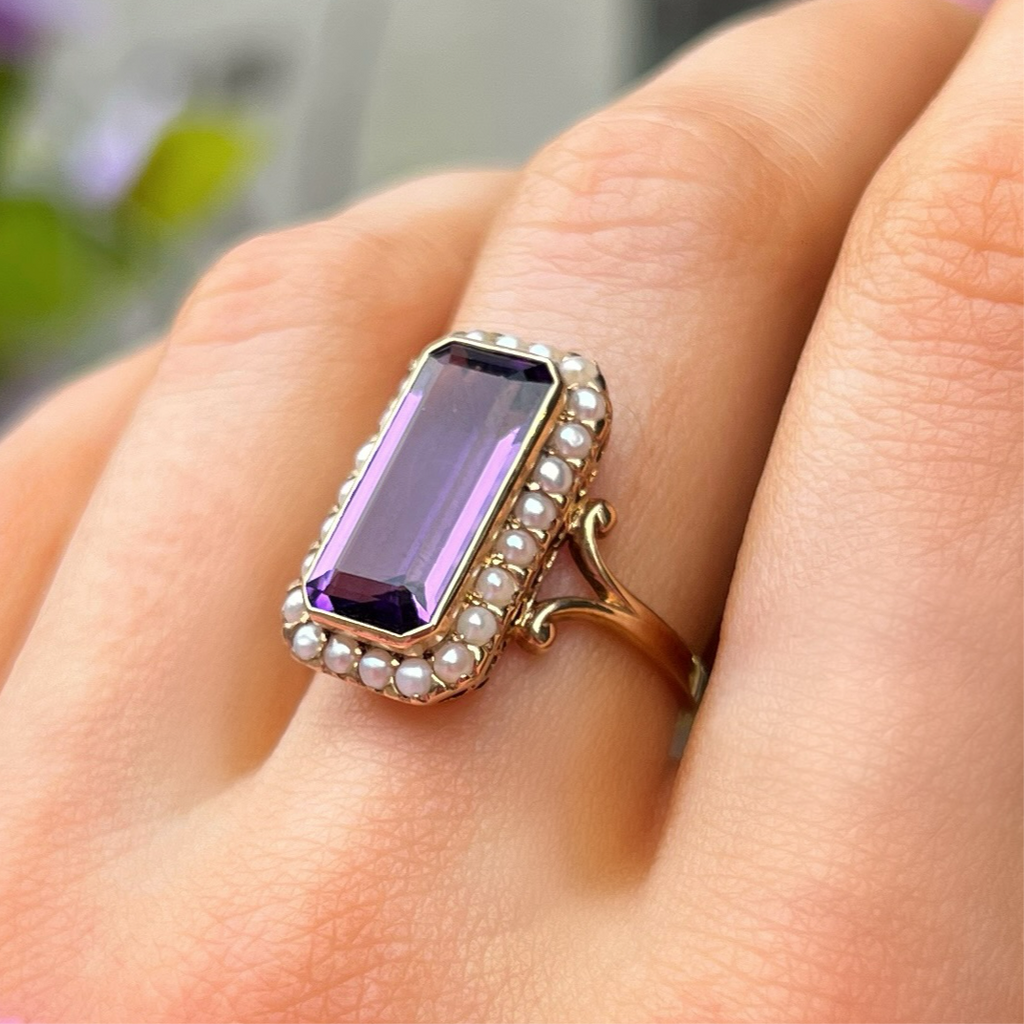 Amethyst & Pearl 9ct Yellow Gold Ring | Size N