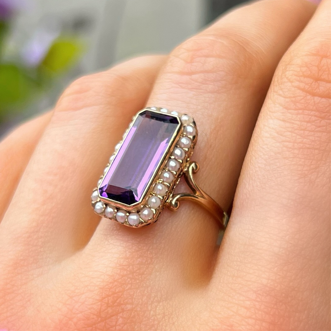 Amethyst & Pearl 9ct Yellow Gold Ring | Size N