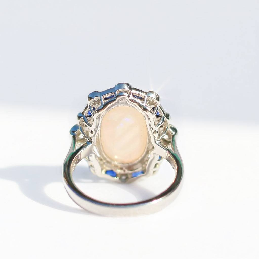 Art Deco Reproduction Opal, Sapphire and Diamond Platinum Ring | Size N ½
