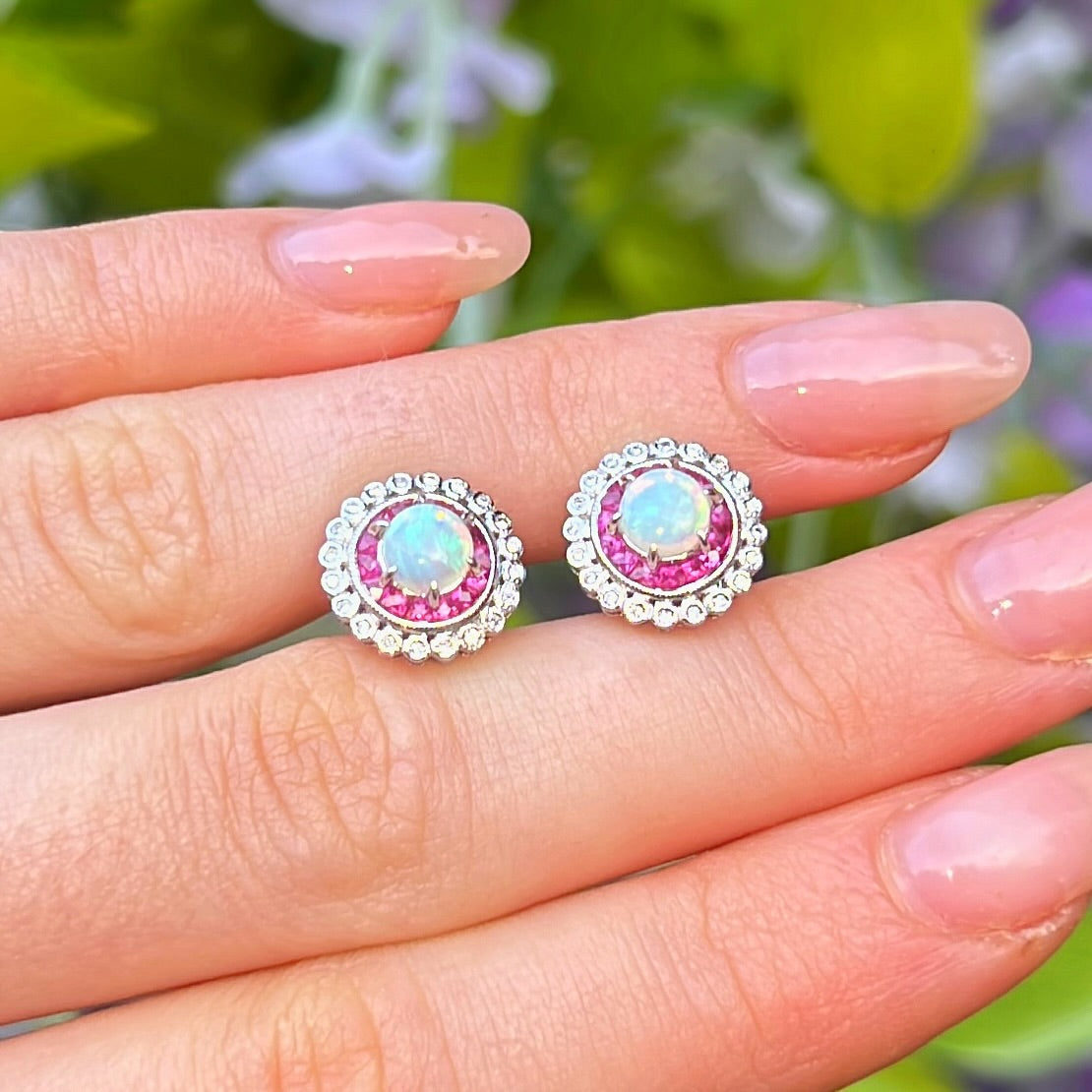 Ruby, Diamond & Opal 18ct White Gold Halo Stud Earrings
