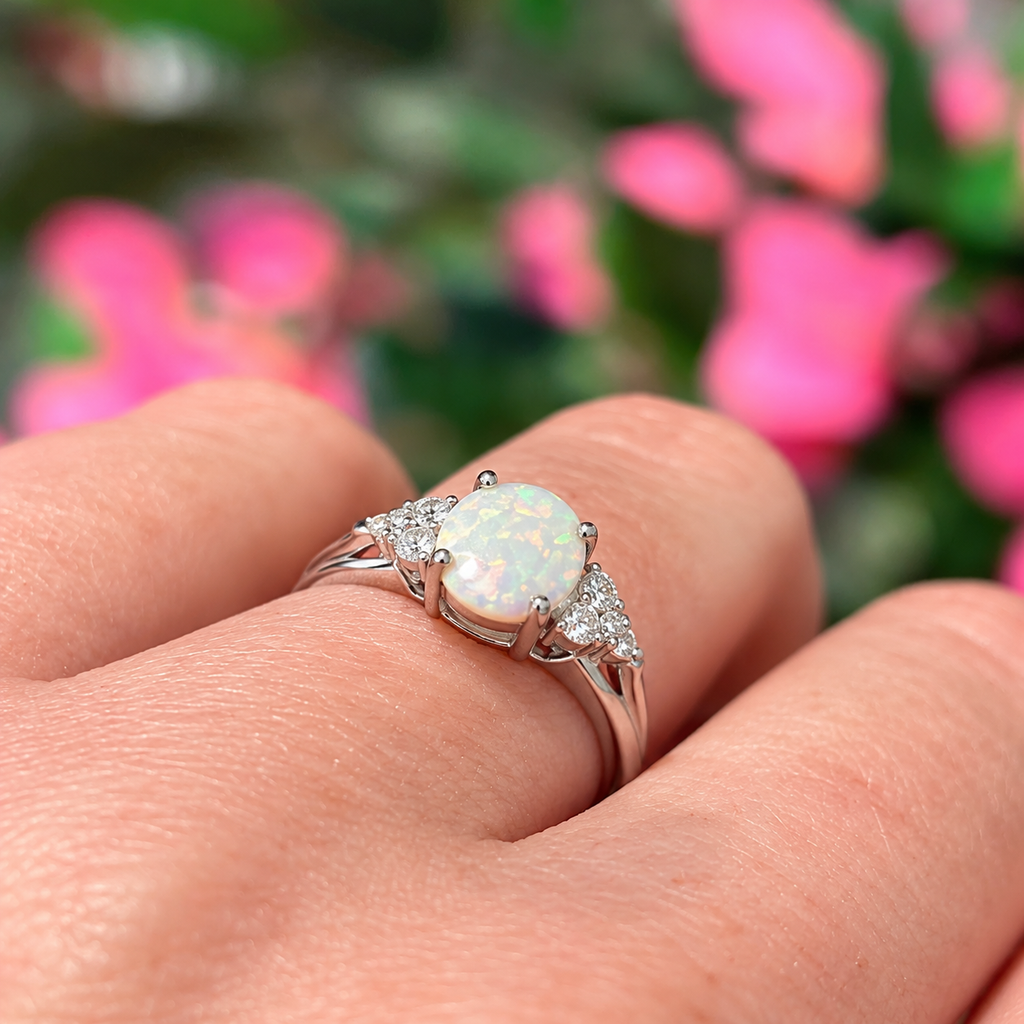 Opal & Cubic Zirconia Sterling Silver Ring - Size P