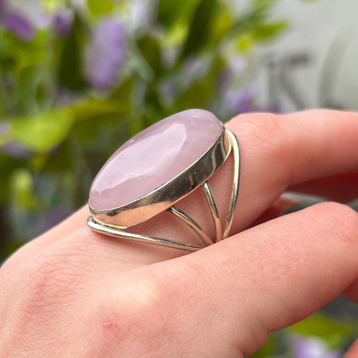 Large Sterling Silver Oval Cut Rose Quartz Ring - Size P