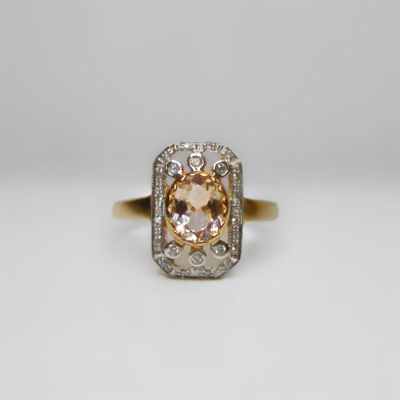 Art Deco Inspired 9ct Rose Gold Morganite and Diamond Ring – Size N ½