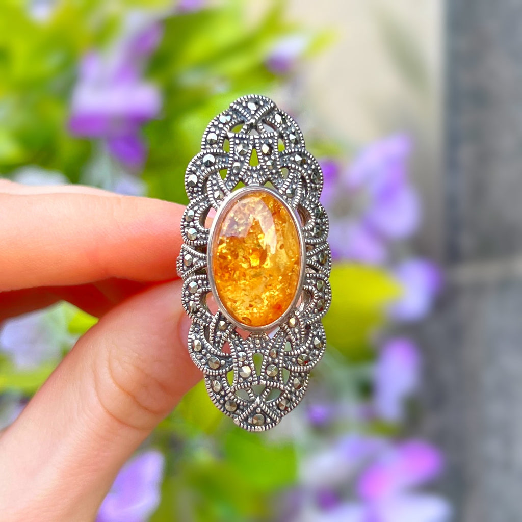 Orange Amber & Marcasite Sterling Silver Ring | Size O ½