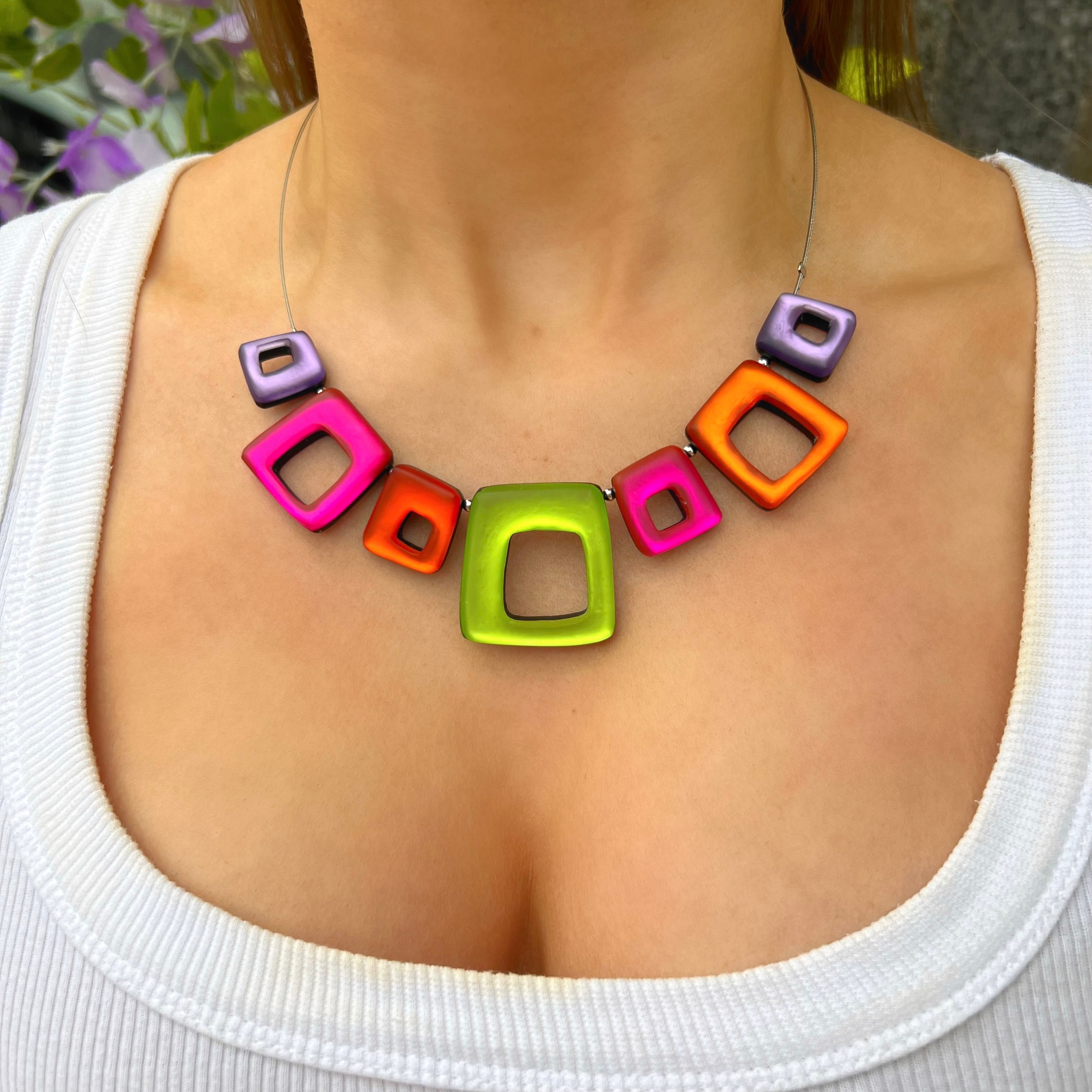 Sherbet Pink, Purple, Green & Orange Hollow Squares Necklace | Watch This Space
