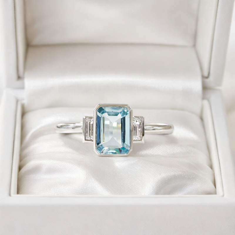 Incredible 18ct White Gold Emerald-Cut Aquamarine and Baguette-Cut Diamond Trilogy Ring - Size N