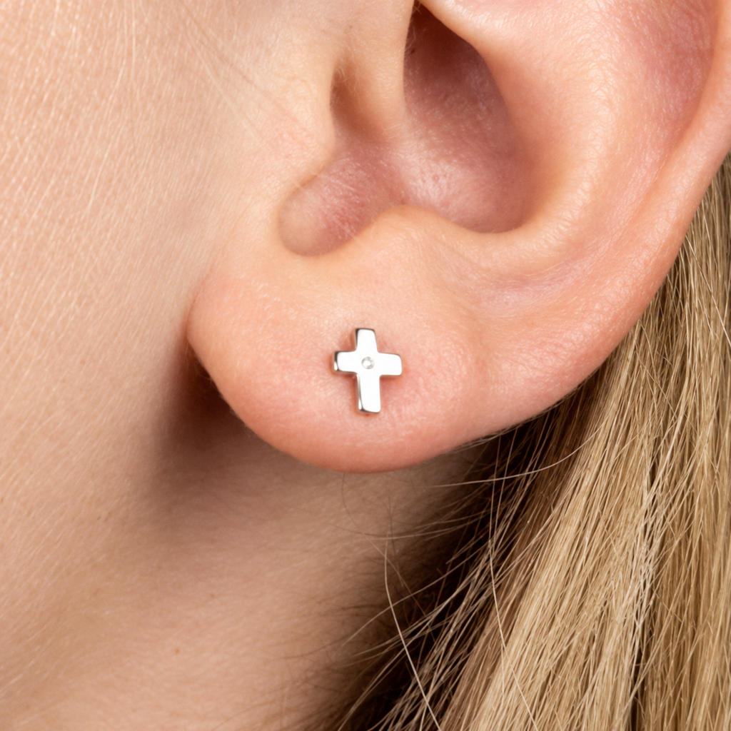 Diamond Sterling Silver Mini Cross Stud Earrings | D for Diamond