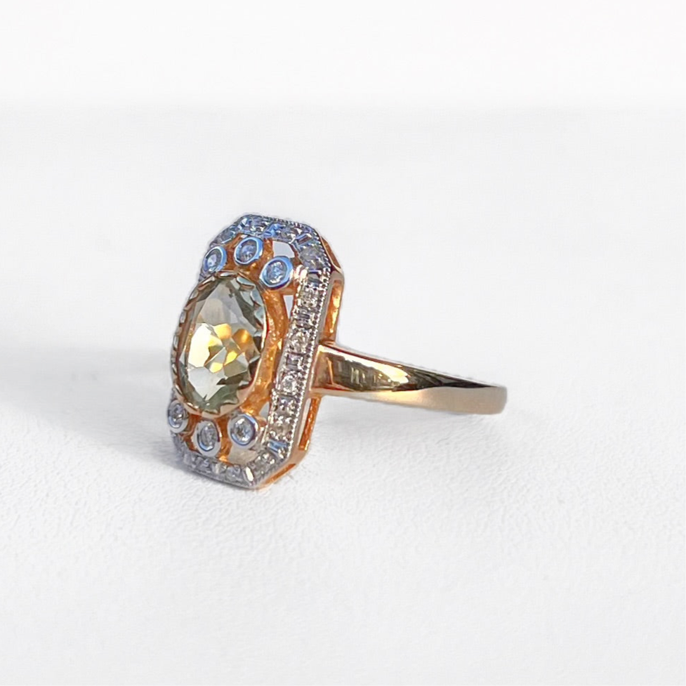 Art Deco Inspired Green Amethyst and Diamond 9ct Yellow Gold Ring | Size M