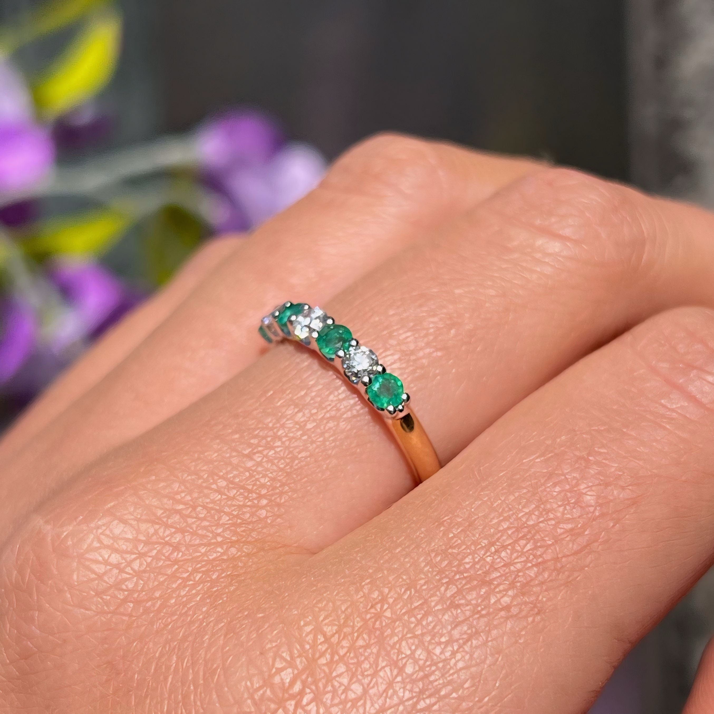 Emerald and Diamond Dainty 9ct Yellow Gold Eternity Ring | Size O