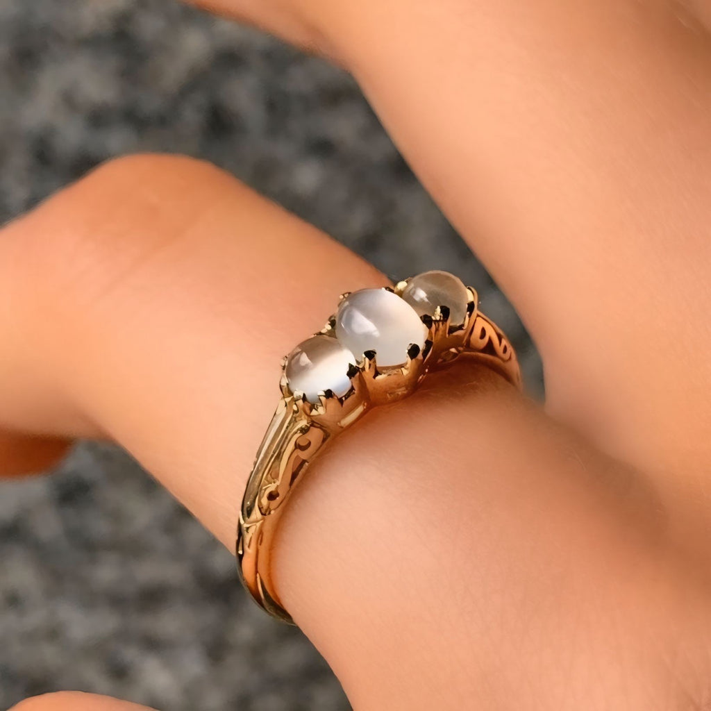 Antique Inspired Moonstone Dainty 9ct Yellow Gold Trilogy Ring | Size M