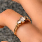 Antique Inspired Moonstone Dainty 9ct Yellow Gold Trilogy Ring | Size M