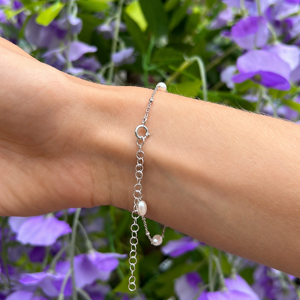 Freshwater Pearl Sterling Silver Dainty Station Bracelet