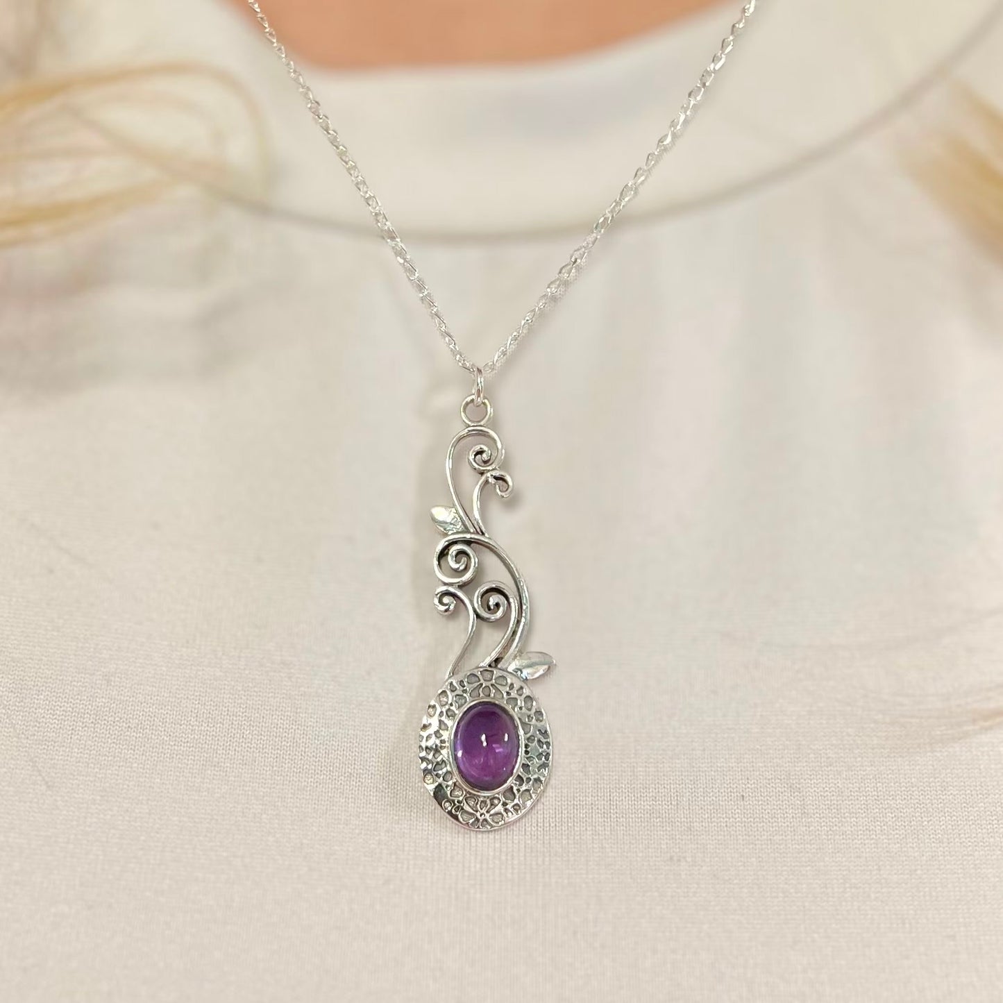 Nature Inspired Sterling Silver Amethyst Cabochon Necklace