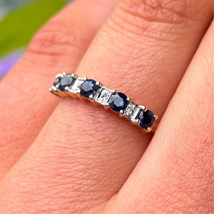 9ct Yellow Gold Sapphire and Diamond Half Eternity Ring - Size N