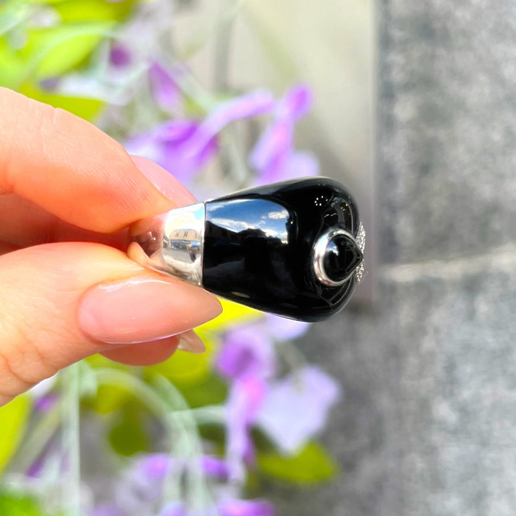 Onyx & Cubic Zirconia Sterling Silver Chunky Design Ring | Size Q
