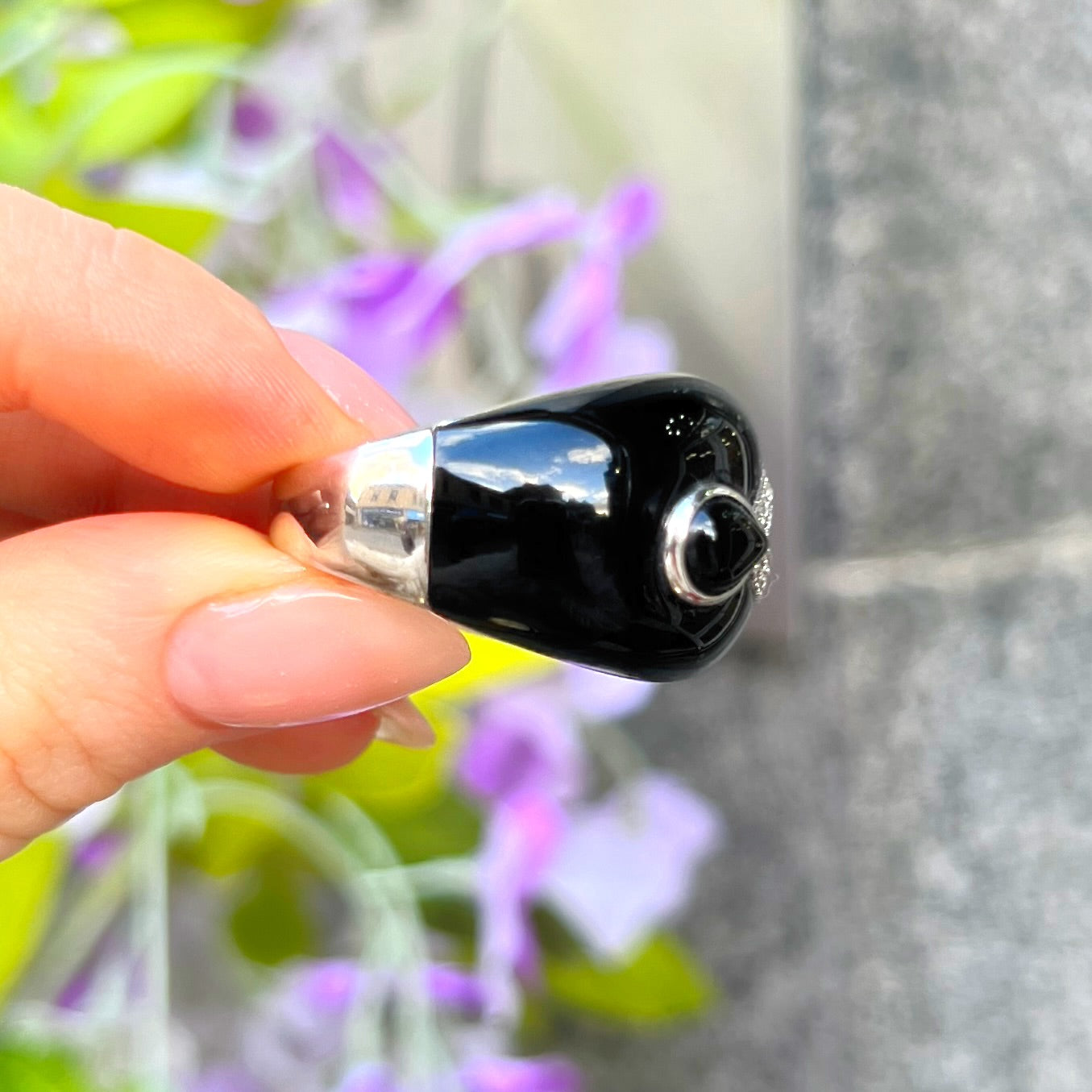 Onyx & Cubic Zirconia Sterling Silver Chunky Design Ring | Size Q