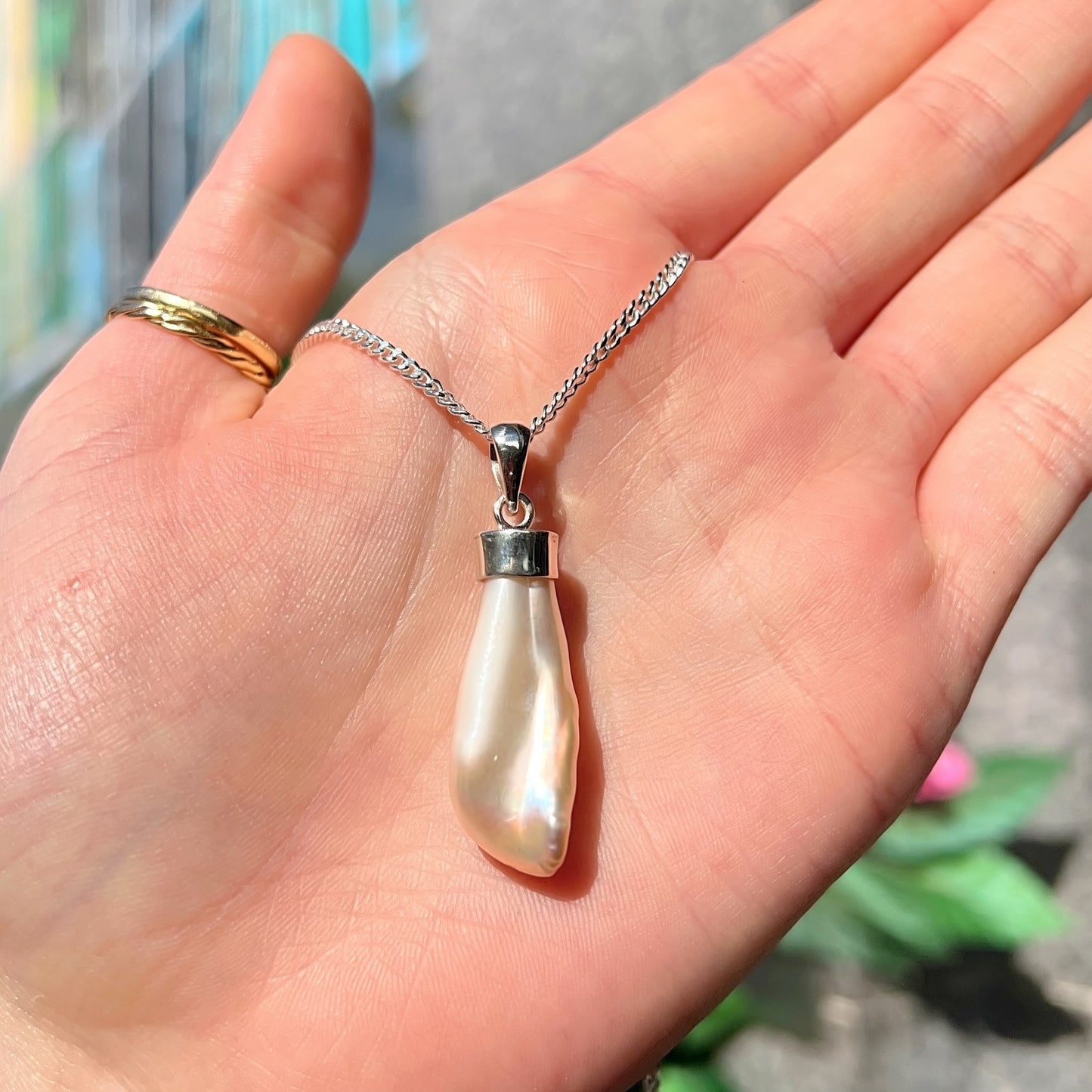Unusual Sterling Silver Irregular Shaped Pearl Drop Pendant