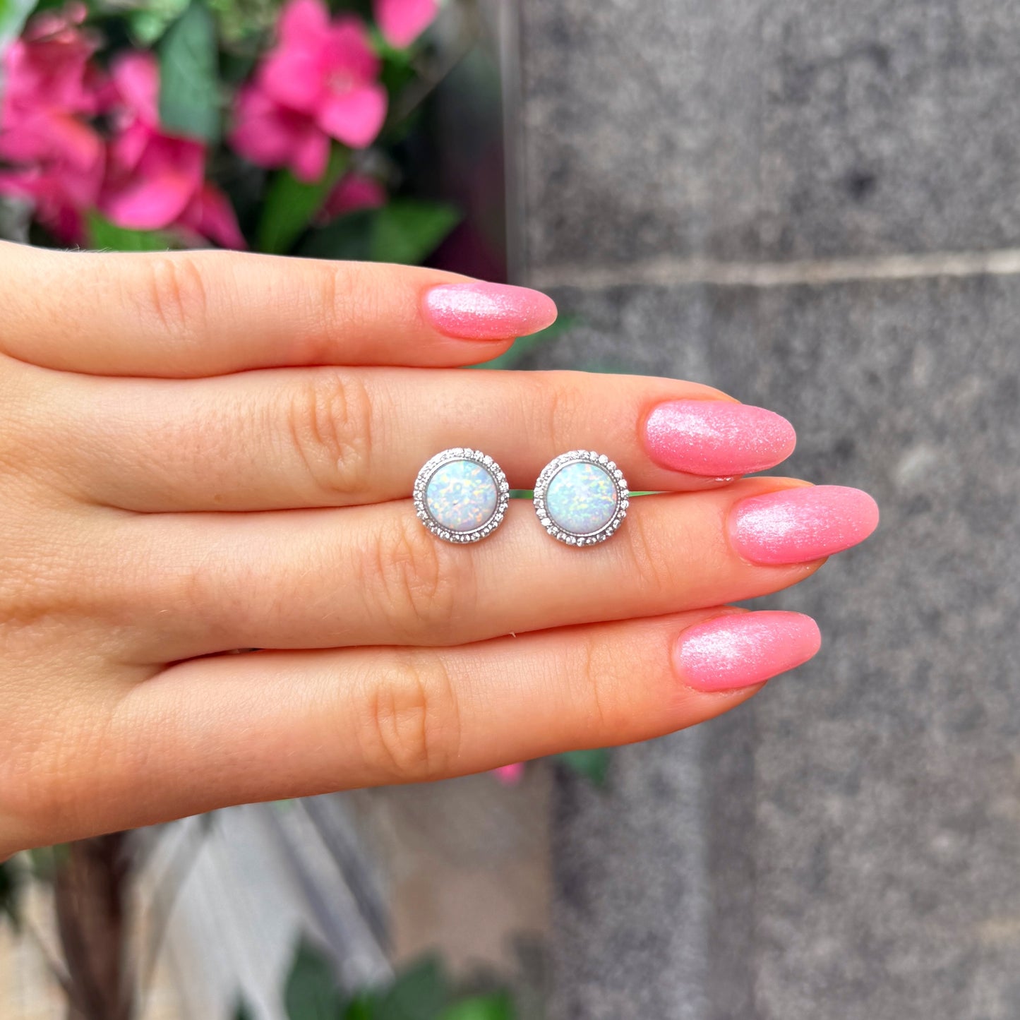 White Opal Cubic Zirconia Halo Sterling Silver Stud Earrings