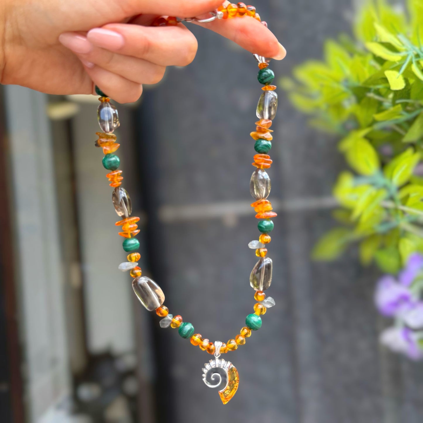 Orange Amber, Green Malachite, Dark Labradorite & Smoky Quartz Fossil Design Sterling Silver Beaded Necklace