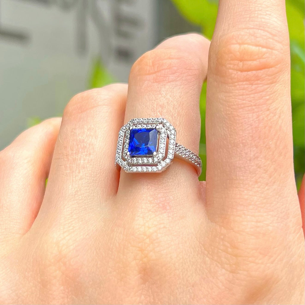 Blue Cubic Zirconia Sterling Silver Square Halo Ring | Size M