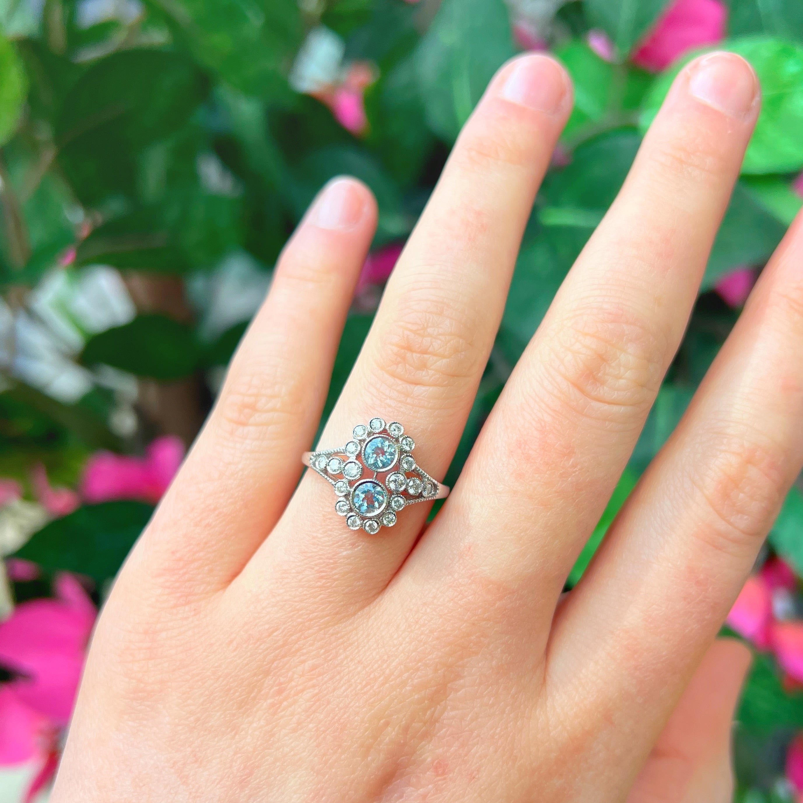 Edwardian Reproduction Aquamarine and Diamond 18ct White Gold Ring | Size N ½