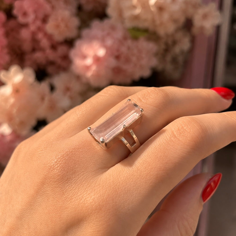 Rose Quartz Baguette Cut Sterling Silver Ring | Size Q