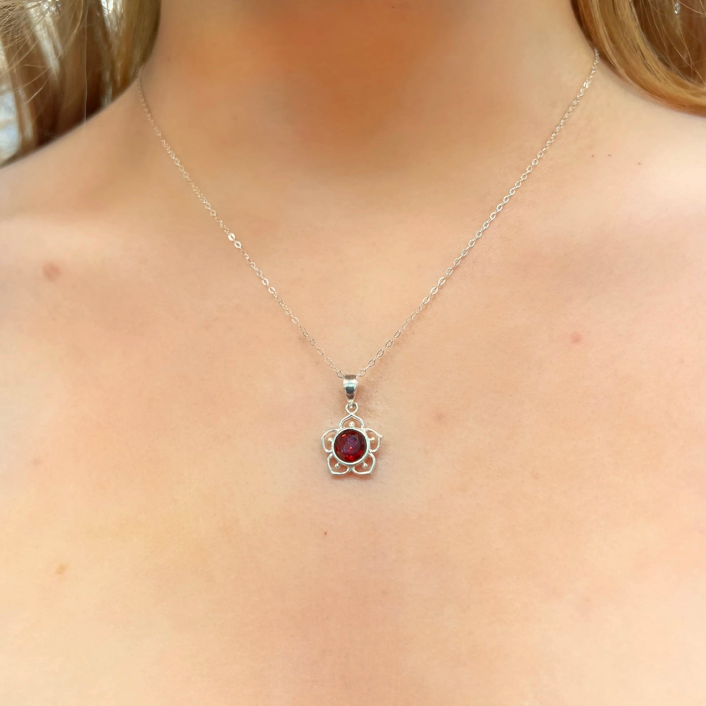 Sweet Sterling Silver Dainty Red Garnet Flower Necklace