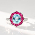 Blue Topaz, Ruby and Diamond 9ct White Gold Ring | Size M ½